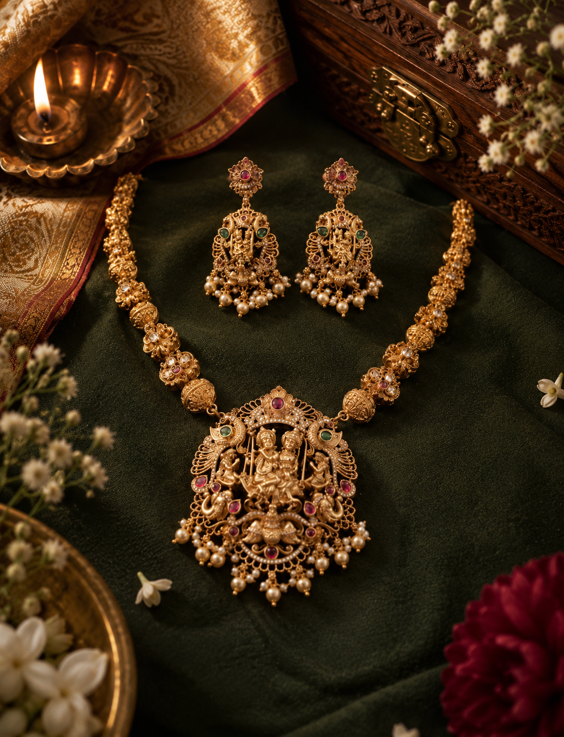 Lakshmi Devi Long Gold Plated Pendant Necklace Set