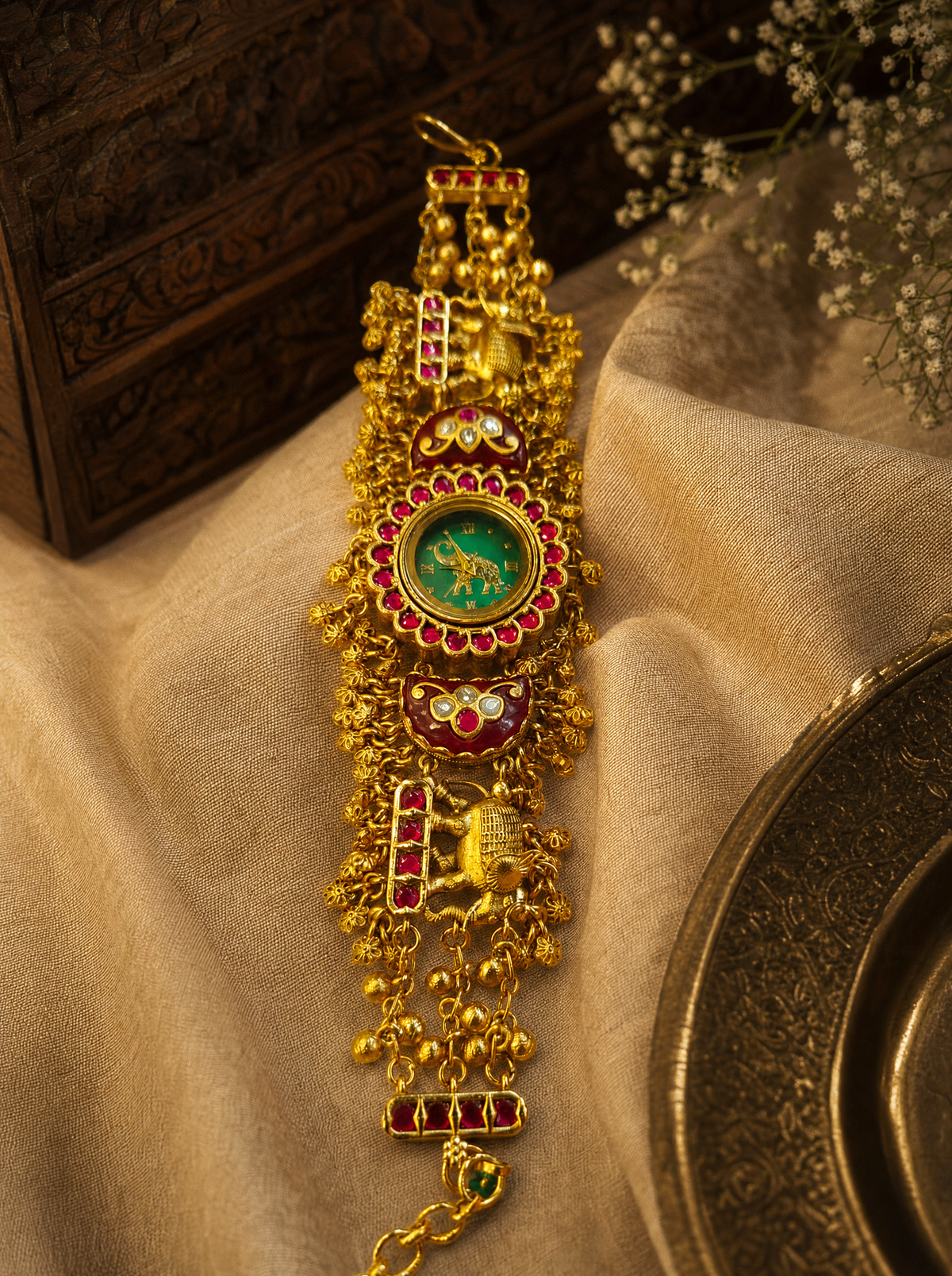 Ruby Green Rajwadi Kundan Watch