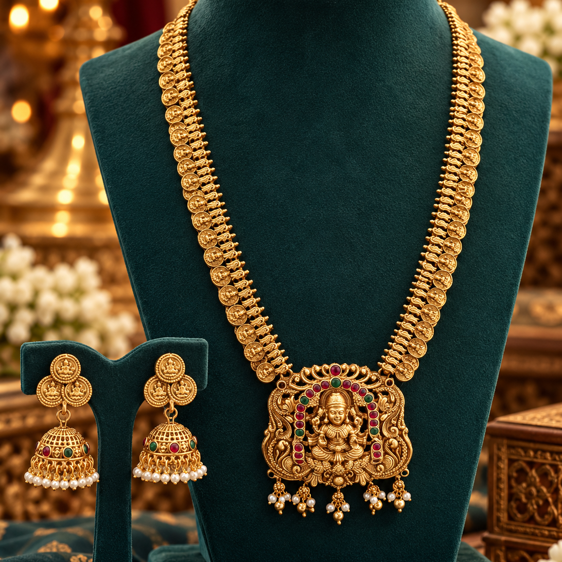 Lakshmi Temple Pendant Necklace with Jhumka Earrings