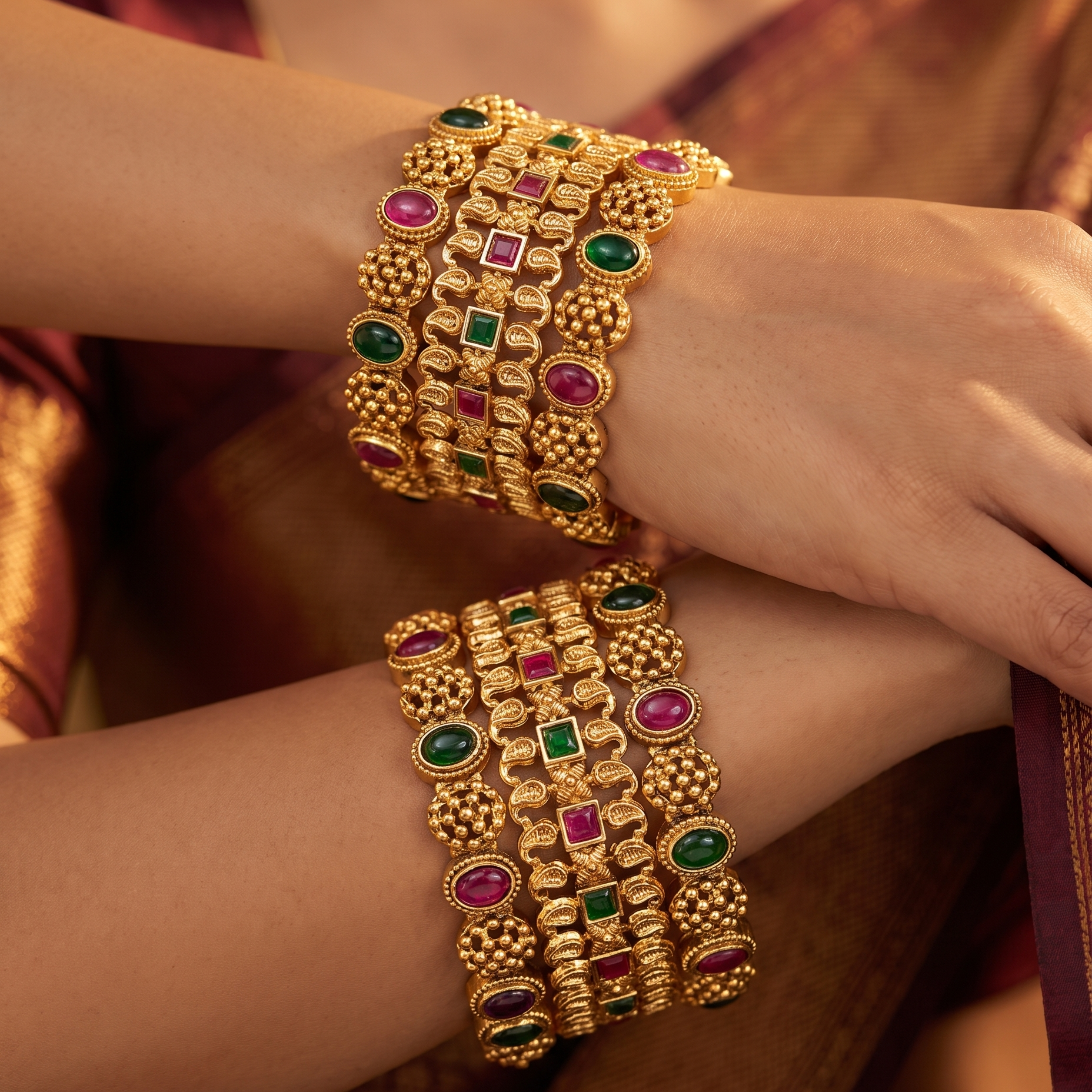 Multicolour Kundan Gold Plated Bangle Set