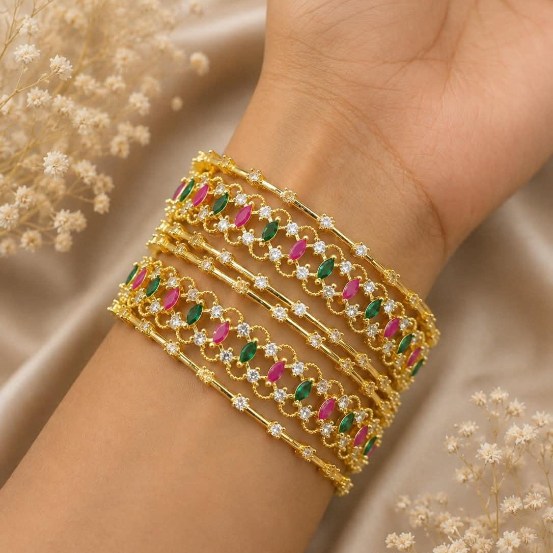 Gold Plated Pink Green Stone Layered Bangle