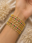 Gold Plated Pink Green Stone Layered Bangle