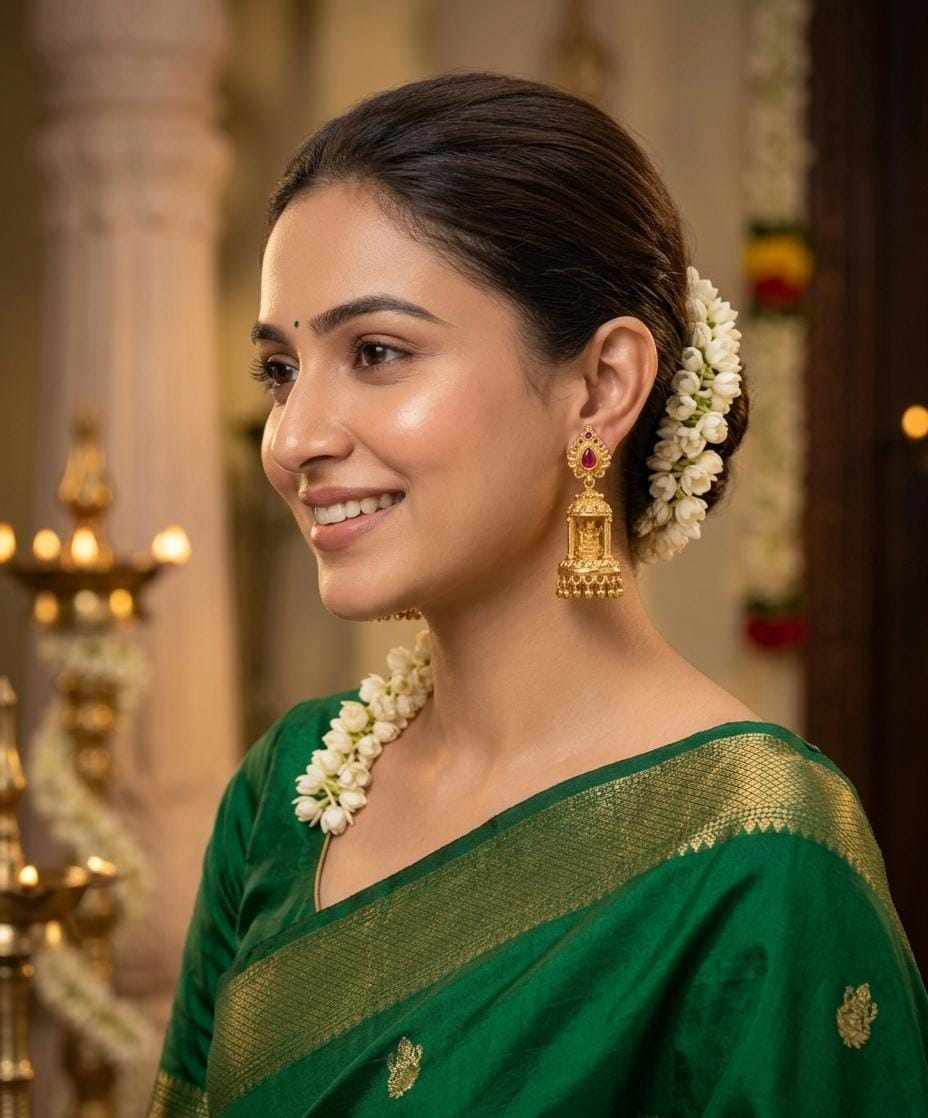 Gold Plated Pink Stone Temple Jhumka Earrings