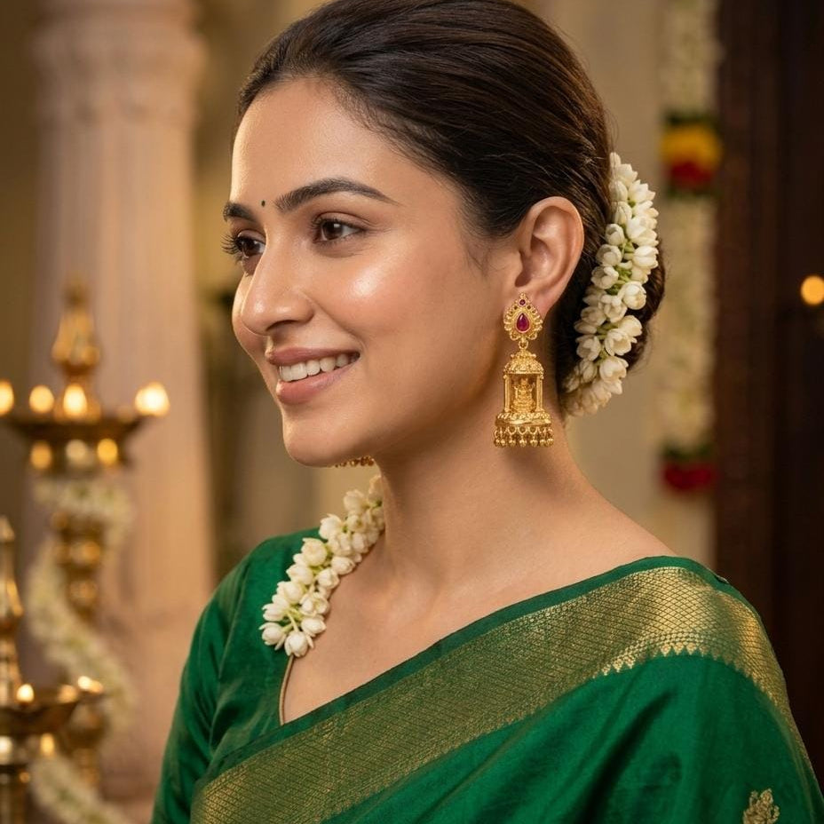 Gold Plated Pink Stone Temple Jhumka Earrings