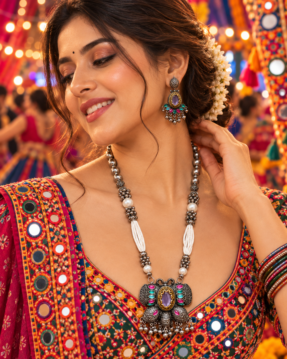 Oxidised Pink Stone Necklace Set
