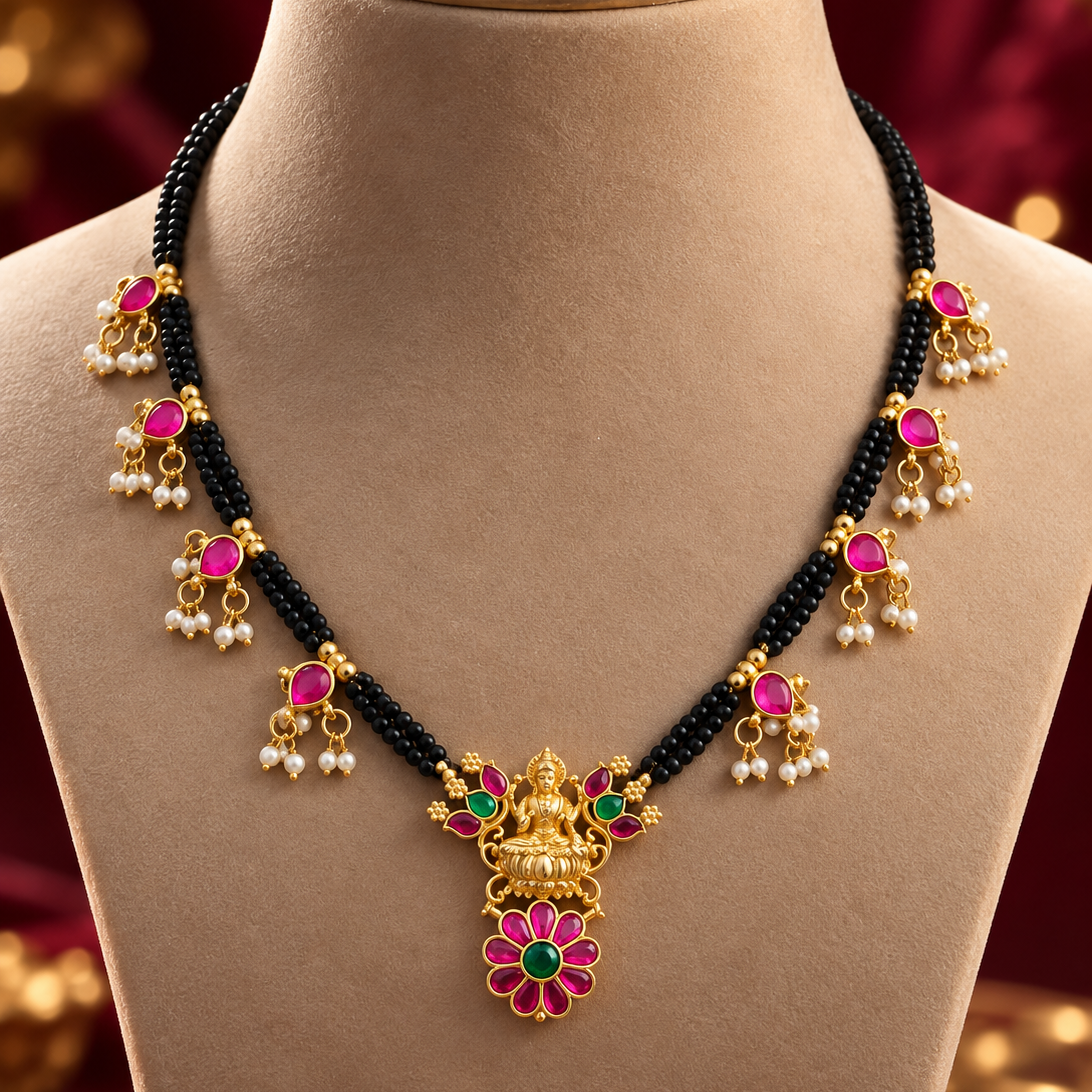 Pink Green Traditional Black Bead Mangalsutra