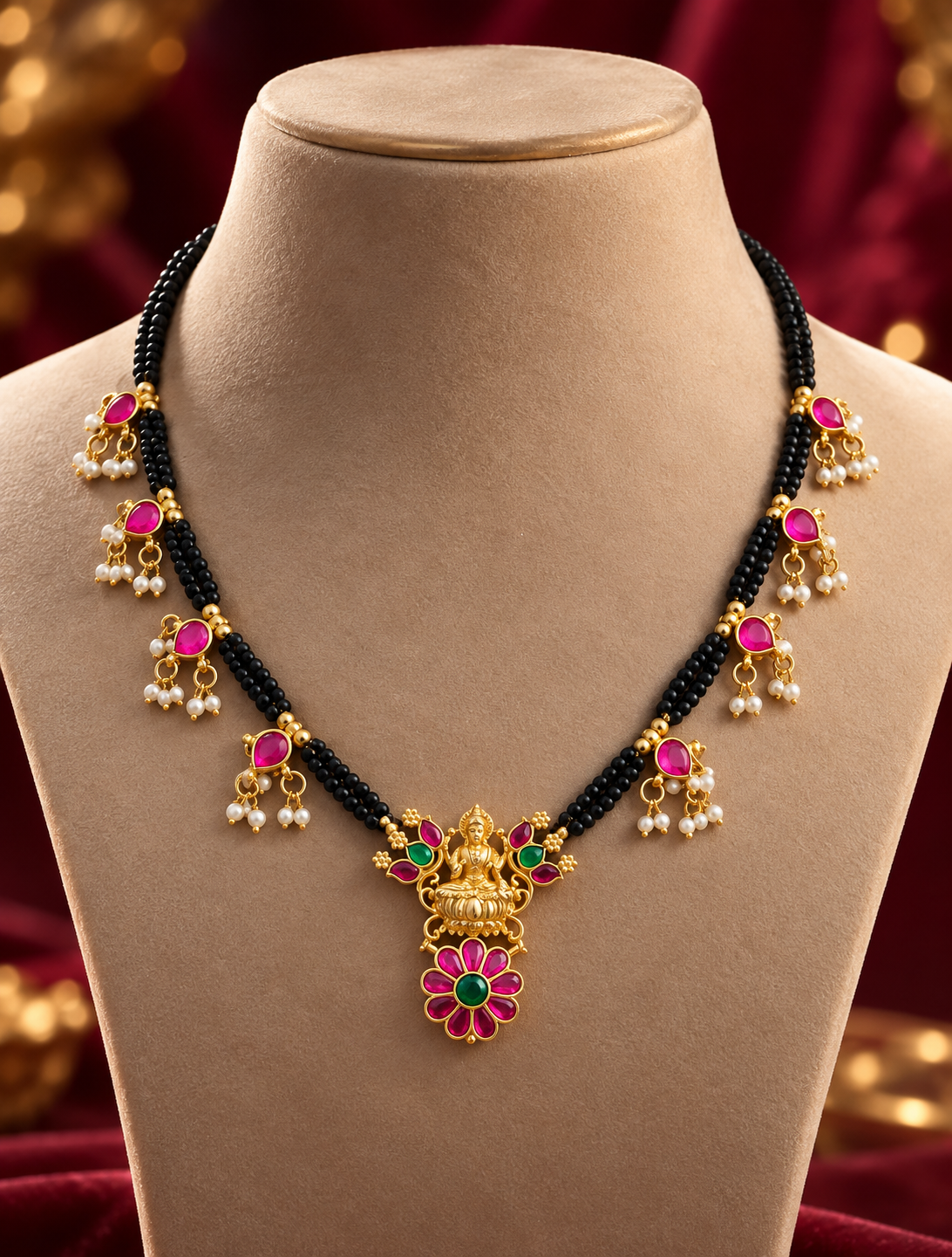 Pink Green Traditional Black Bead Mangalsutra