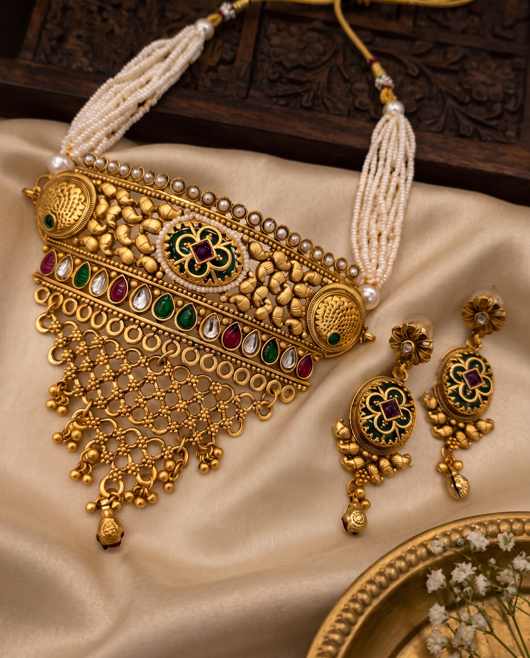 Peacock Gold Plated Choker with Black Enamel Earrings