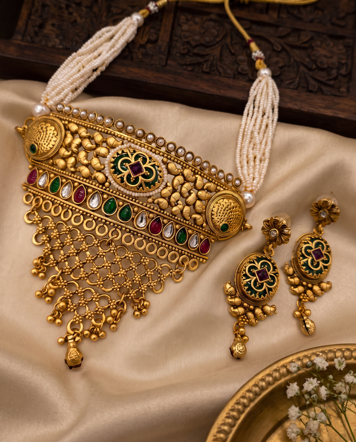 Peacock Gold Plated Choker with Black Enamel Earrings