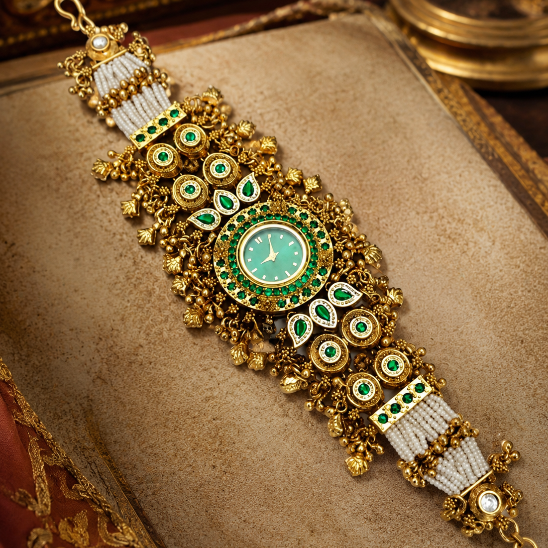 Emerald Kundan Link Bracelet Watch