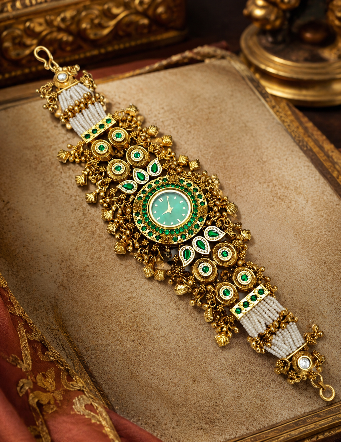 Emerald Kundan Link Bracelet Watch
