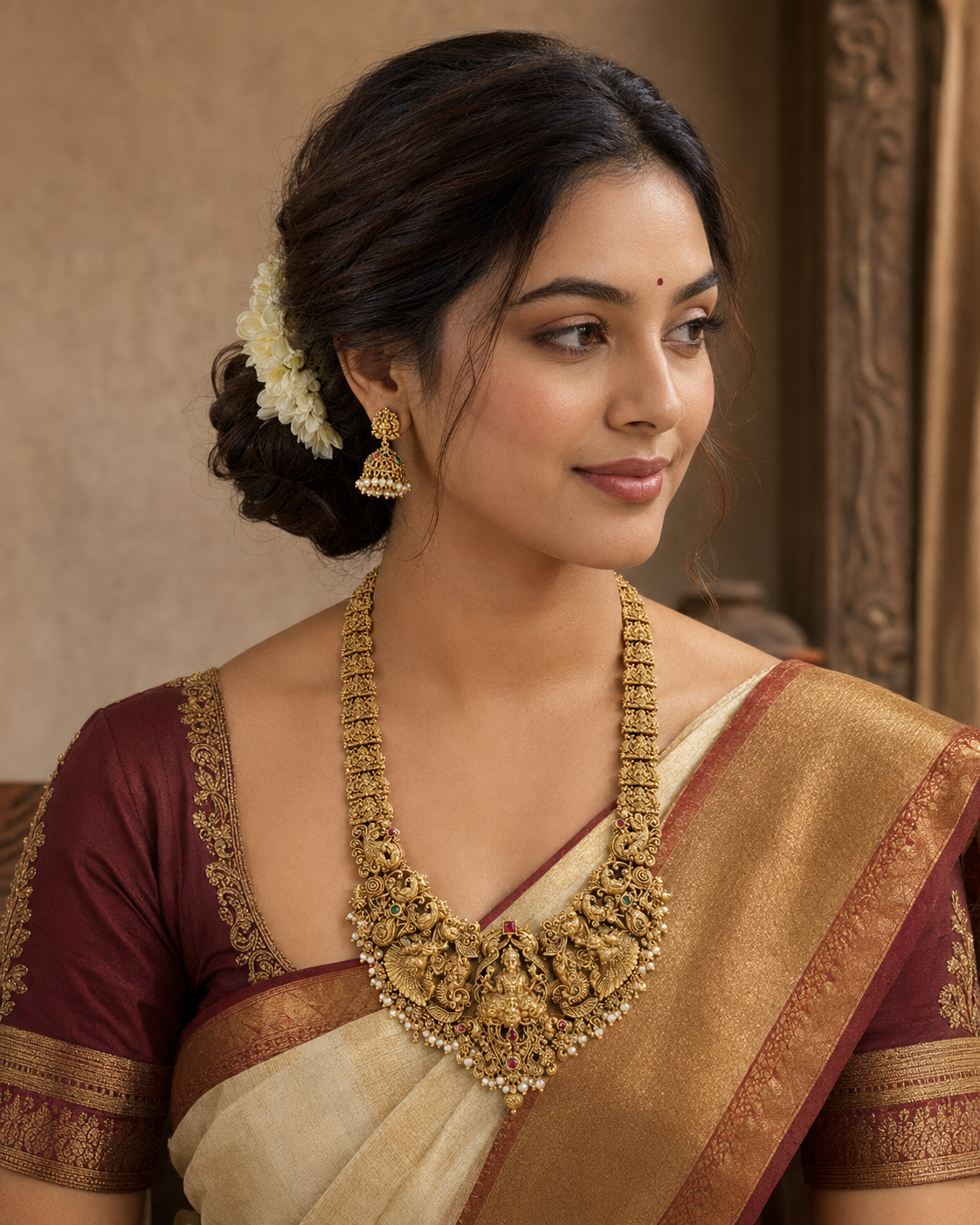 Lakshmi Devi Temple Long Gold Plated Necklace Set