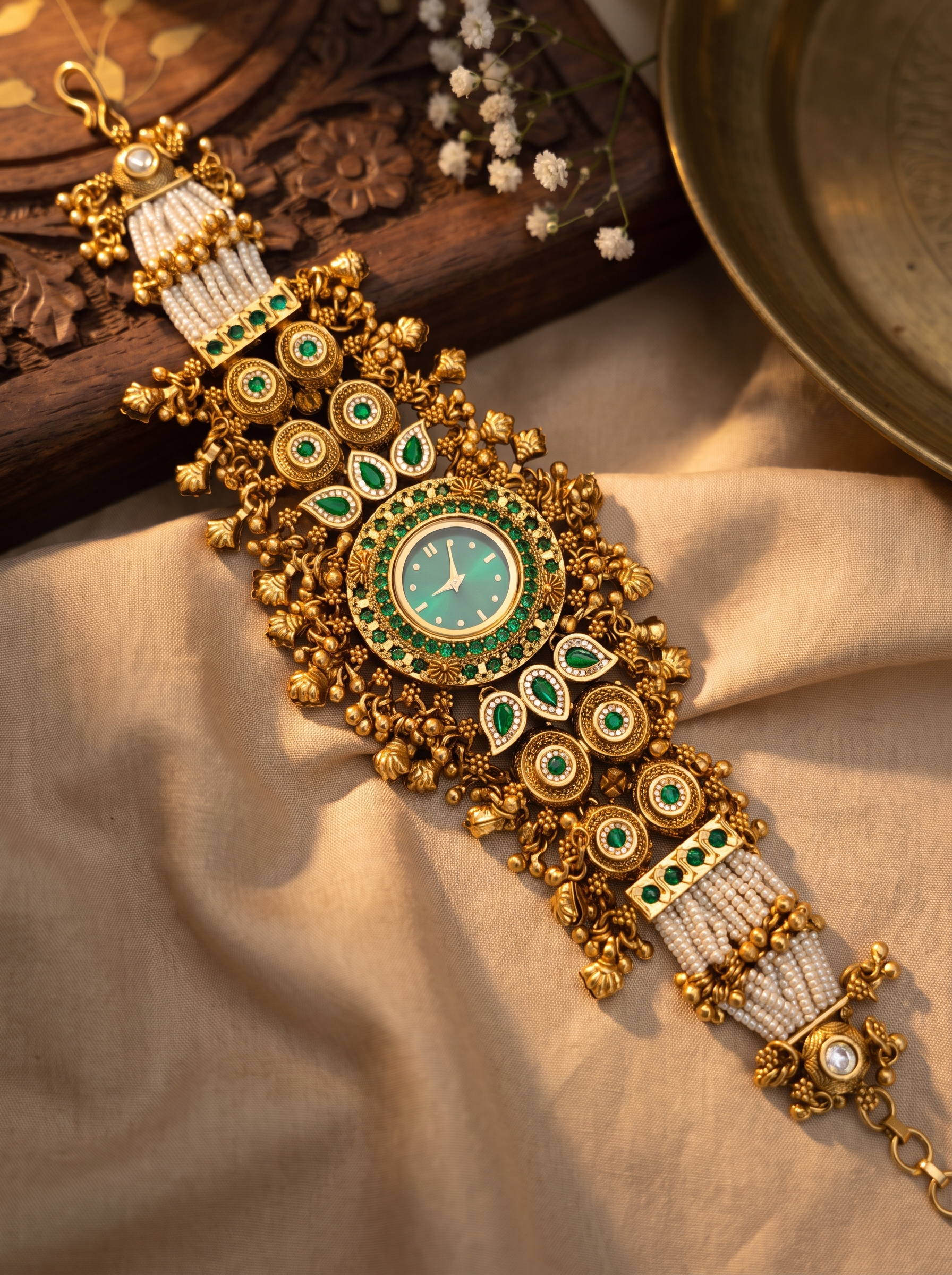 Emerald Kundan Link Bracelet Watch