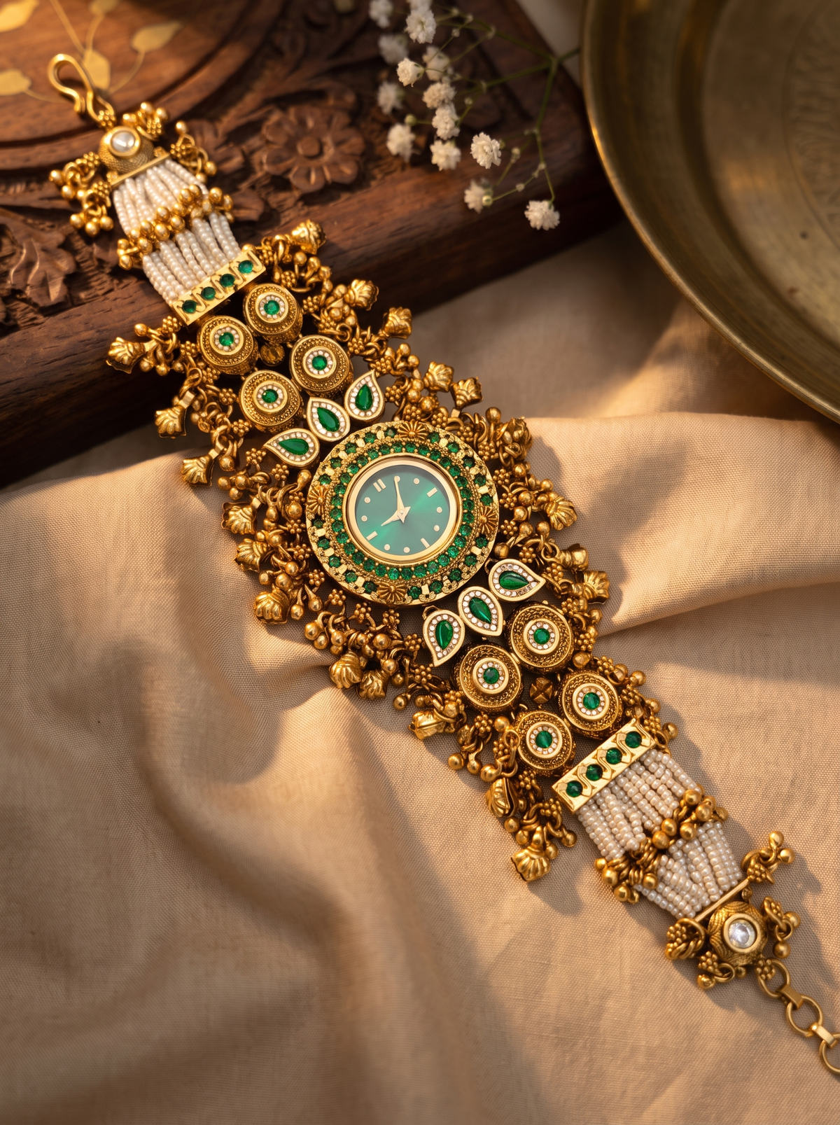 Emerald Kundan Link Bracelet Watch
