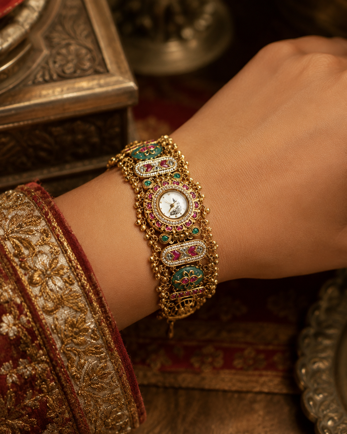 Multicolour Kundan Floral Bracelet Watch