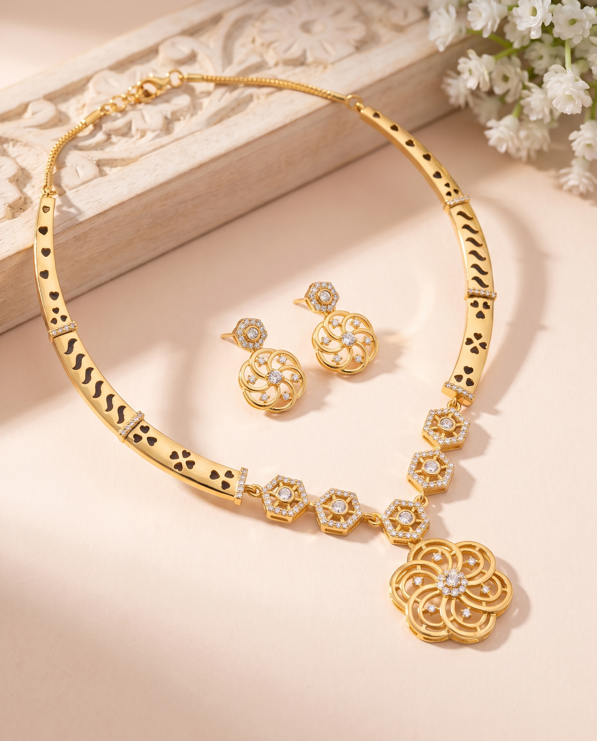 Floral Pendant Gold Tone Necklace Set with Earrings