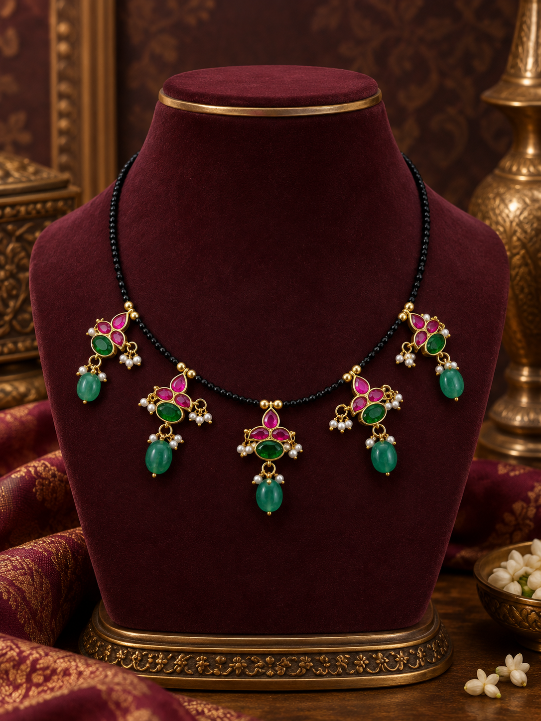 Pink Green Bead Drop Mangalsutra