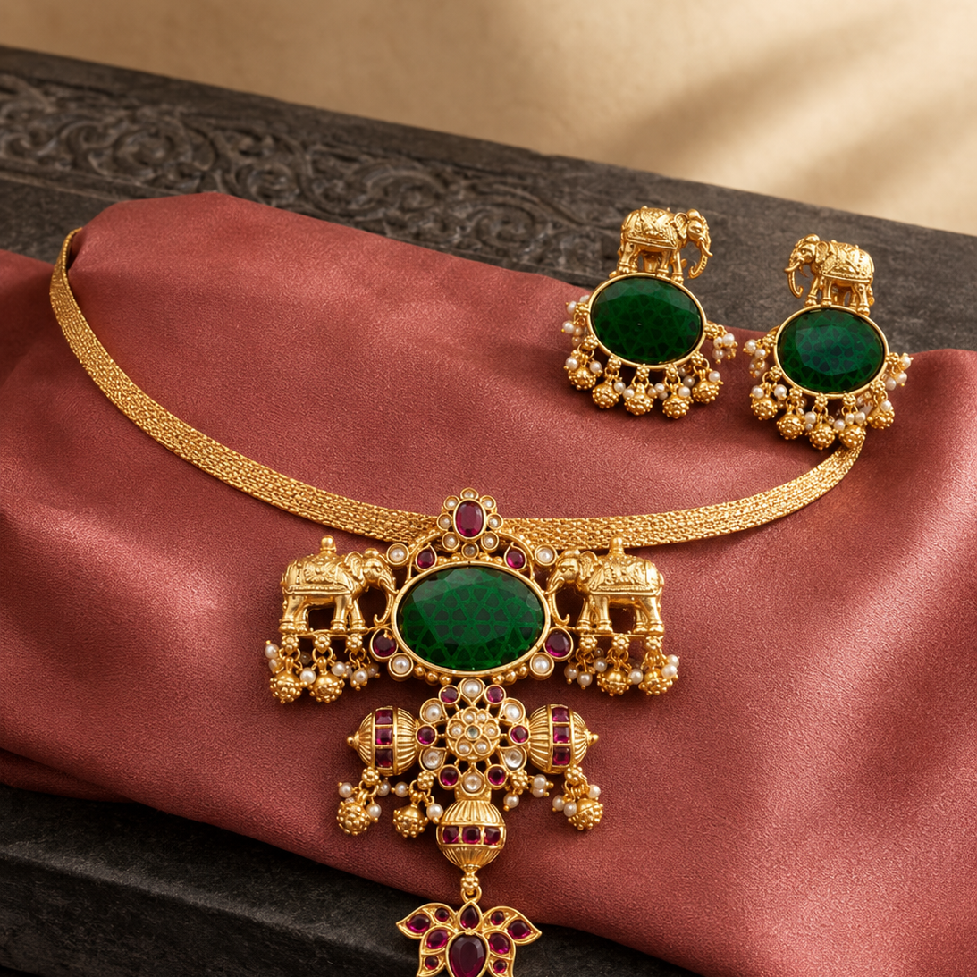 Green Stone Gaja Gold Plated Necklace Set
