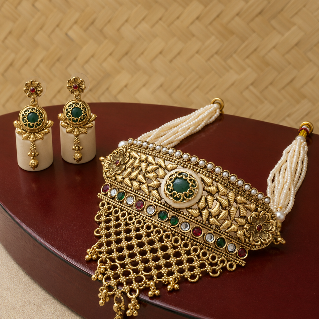 Green Enamel Peacock Gold Plated Choker Set