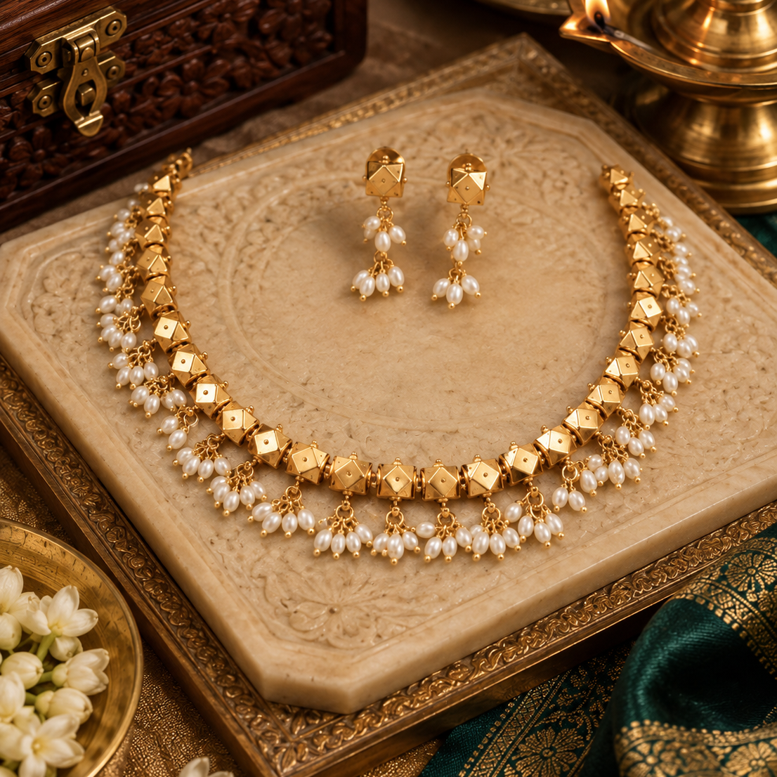 Pearl Beaded Fringe Gold Plated Necklace Set with Earrings