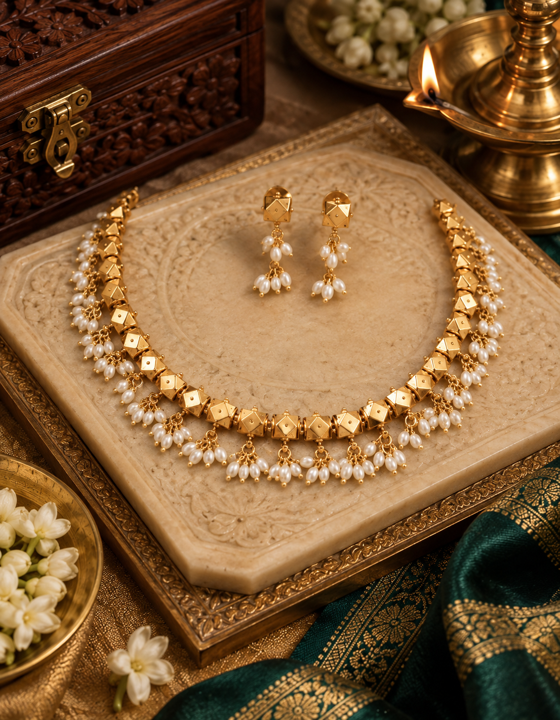 Pearl Beaded Fringe Gold Plated Necklace Set with Earrings