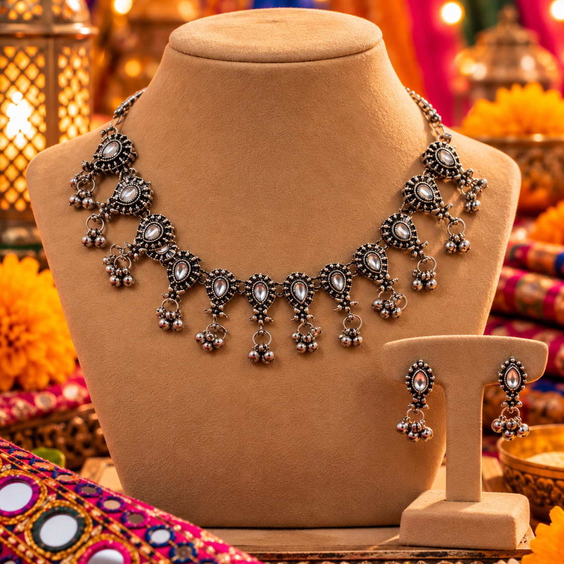 White Stone Oxidised Necklace Set
