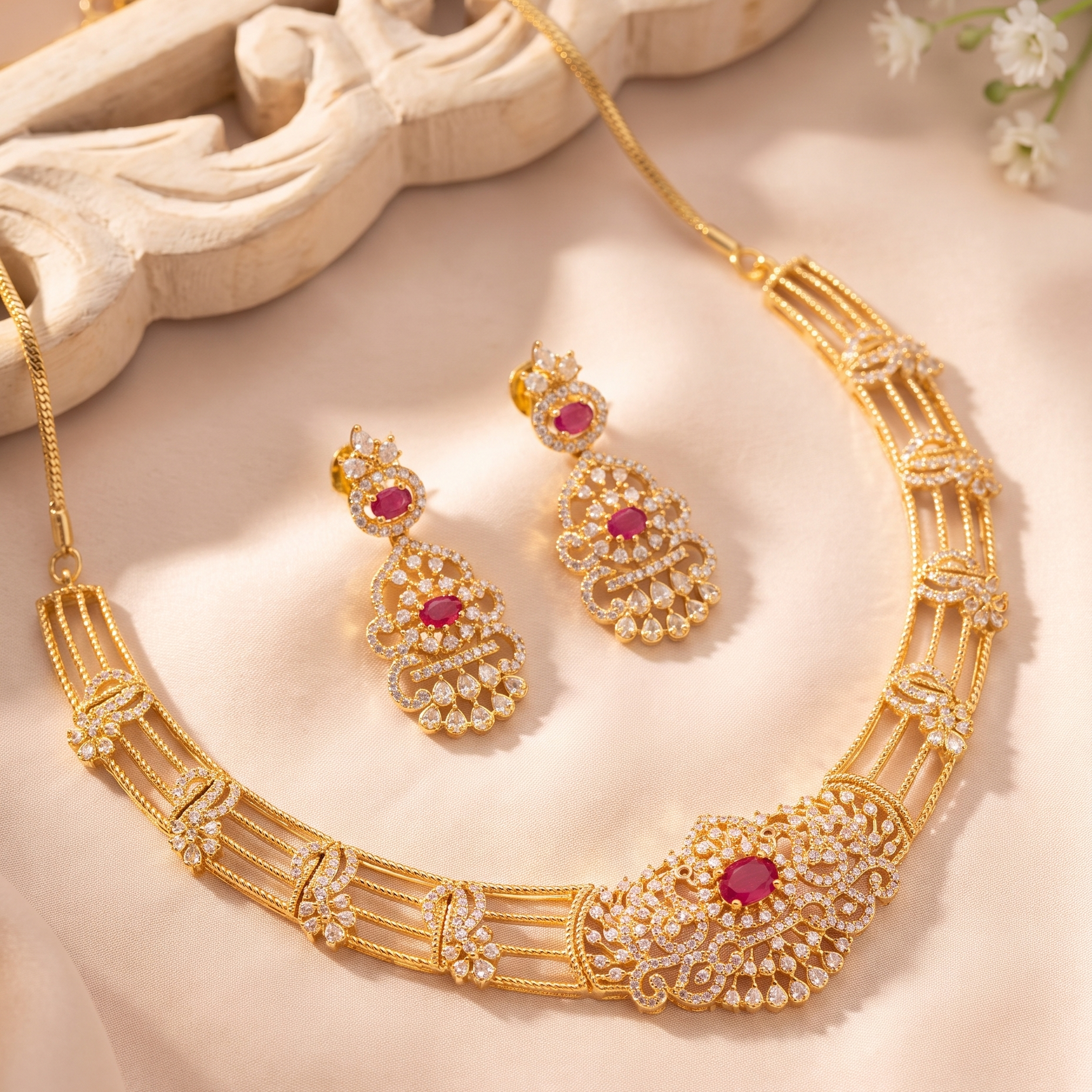 Red Stone Gold Plated Necklace Set with Jhumka Earrings