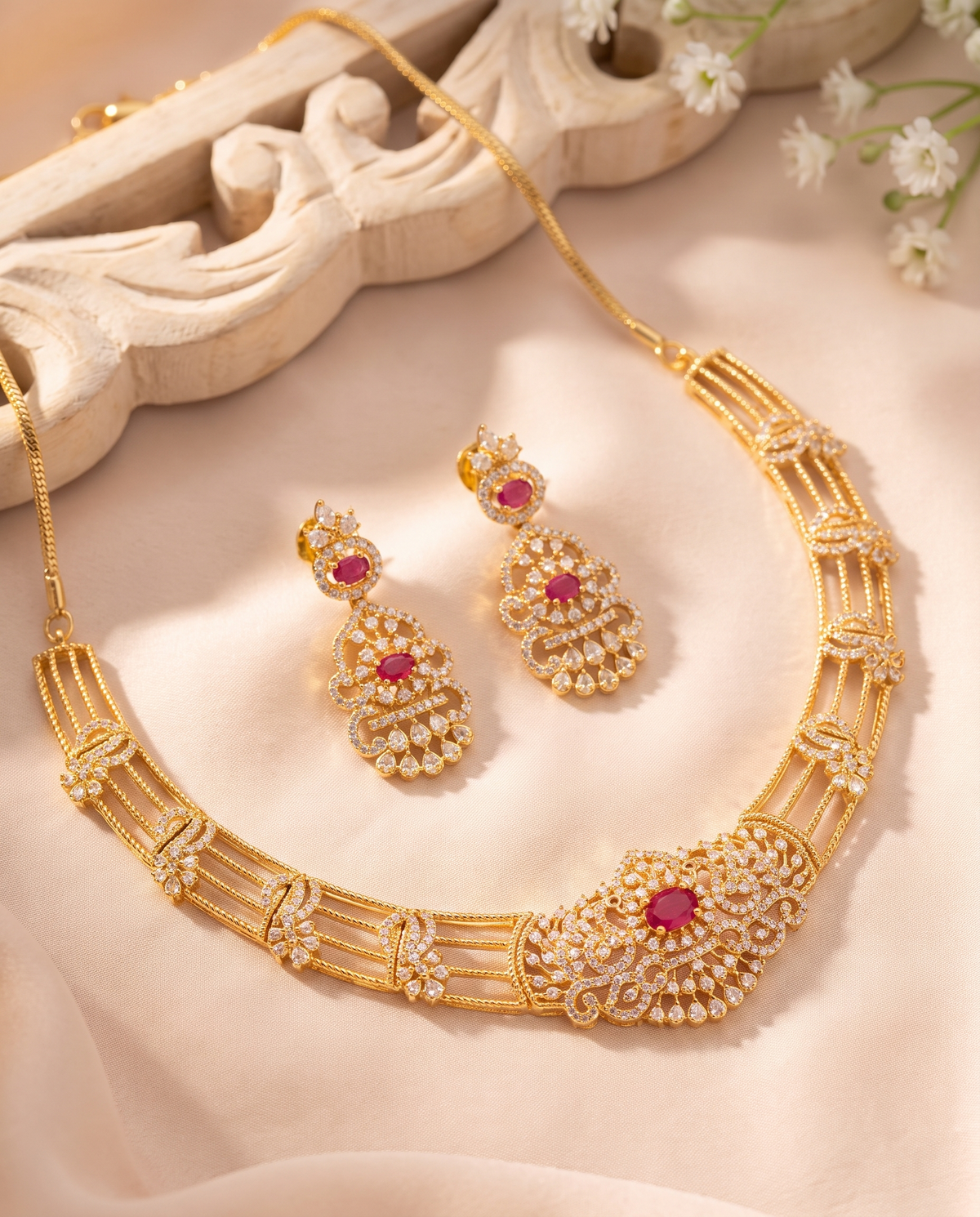 Peacock Red Stone Gold Plated Necklace Set with Jhumka Earrings