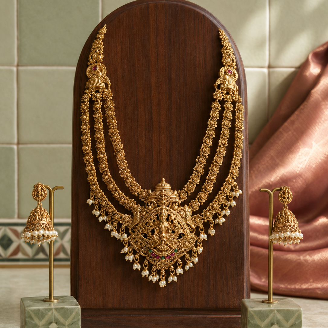 Layered Lakshmi Devi Bridal Gold Plated Necklace Set