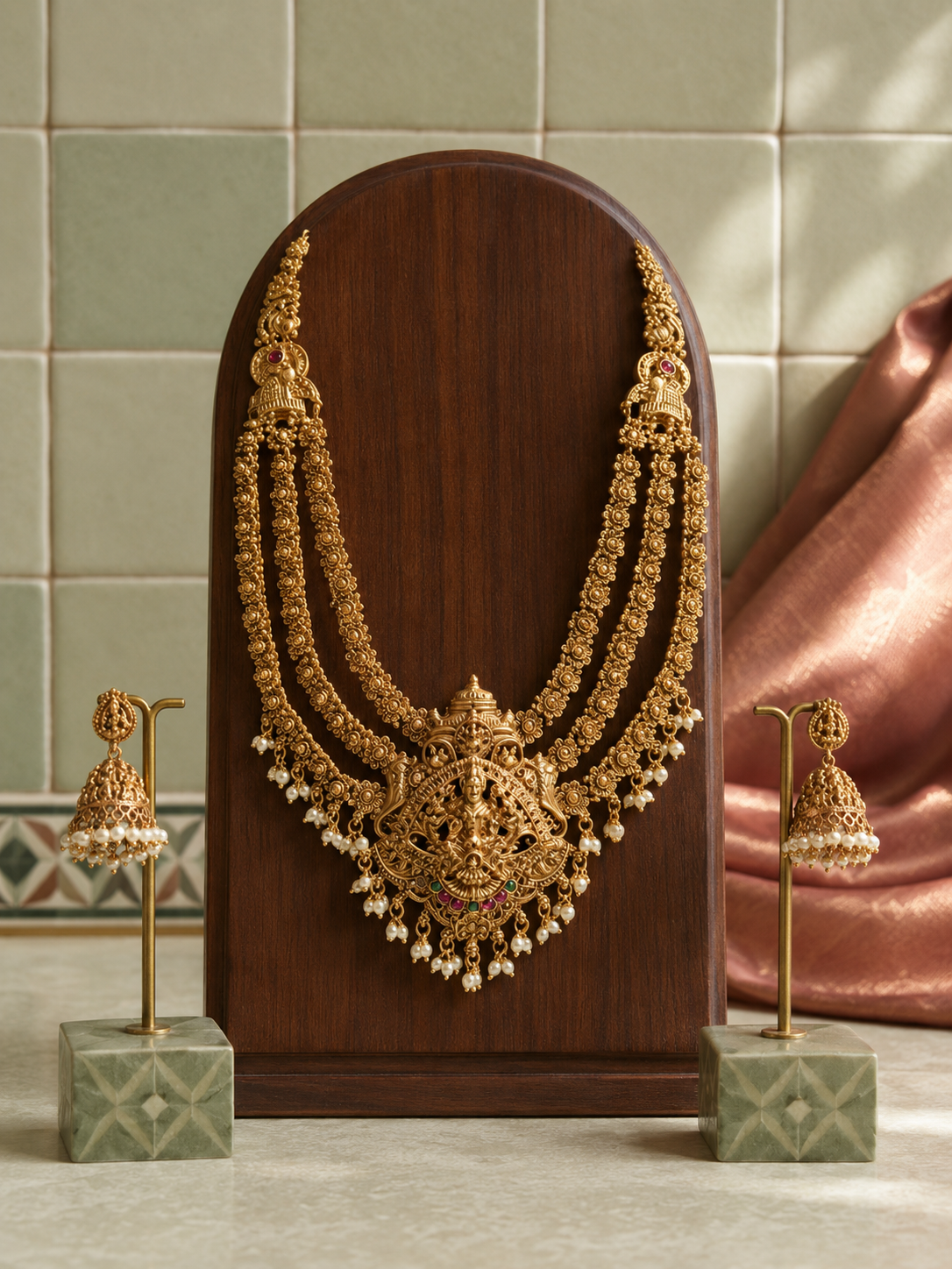 Layered Lakshmi Devi Bridal Gold Plated Necklace Set