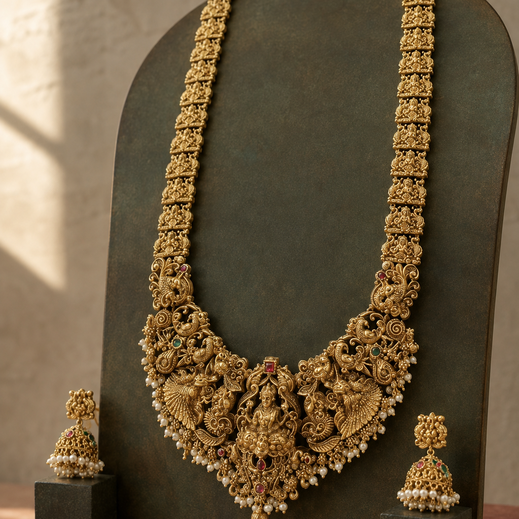 Lakshmi Devi Temple Long Gold Plated Necklace Set