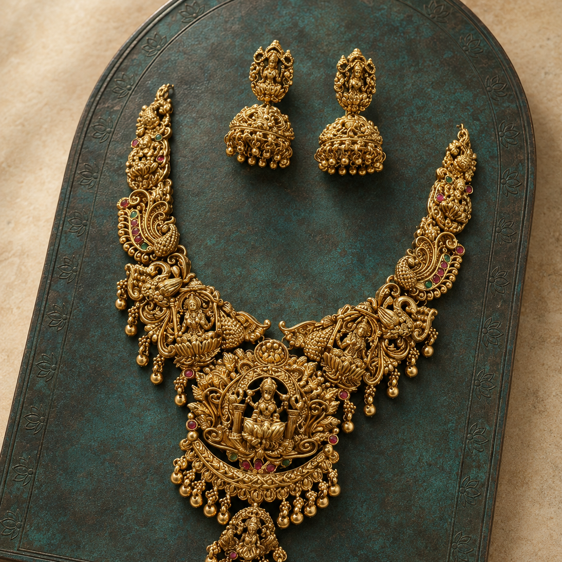 Lakshmi Devi Peacock Statement Gold Plated Necklace Set