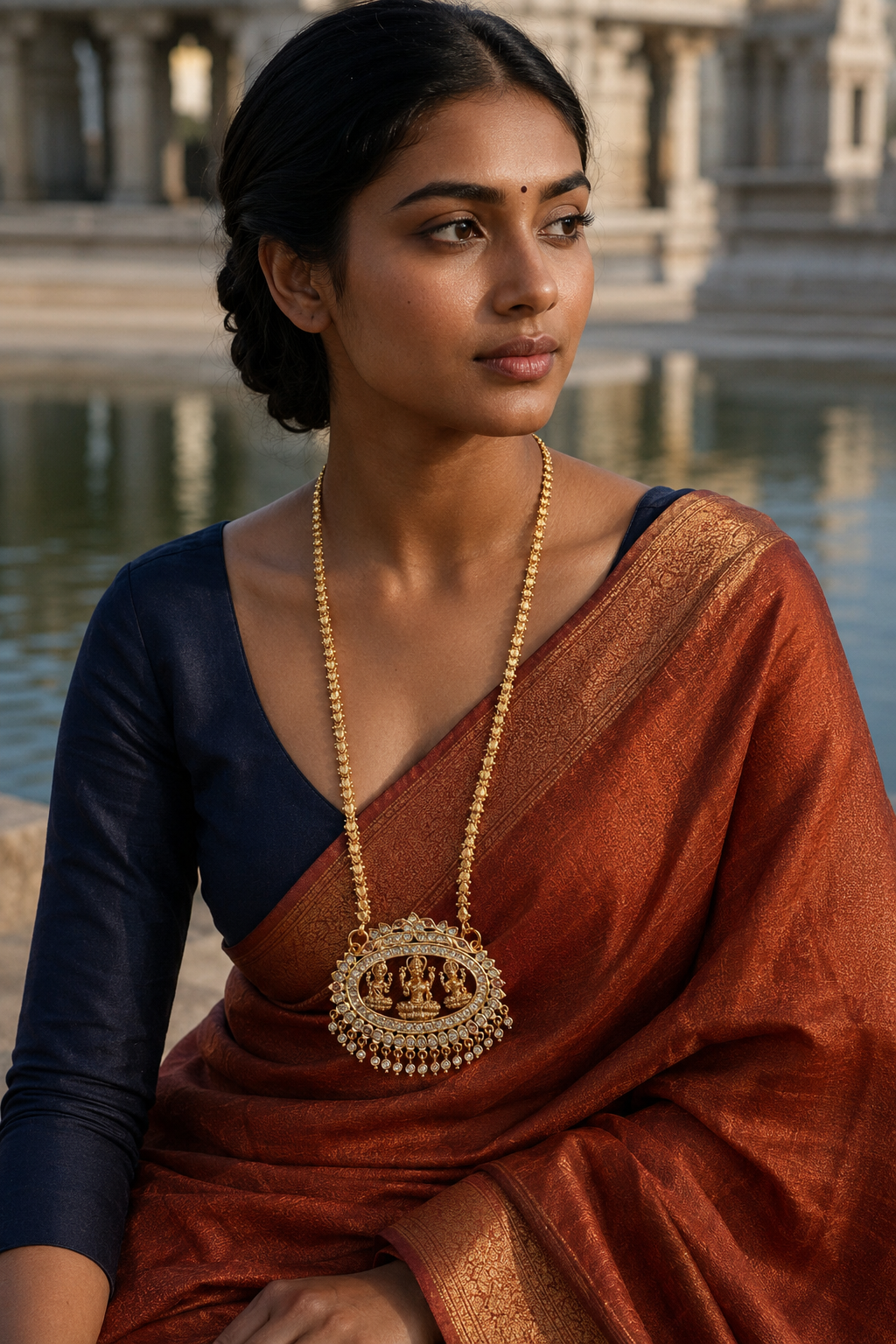 Lakshmi Pathakkam Gold Plated Temple Pendant Long Necklace