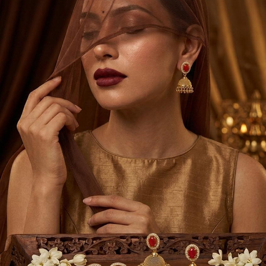 Gold Finish Red Stone Changeable Jhumka Earrings Set