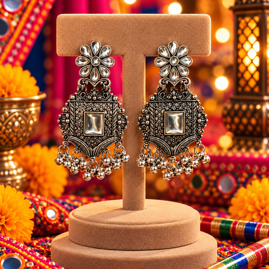 Oxidised Floral Square Earrings
