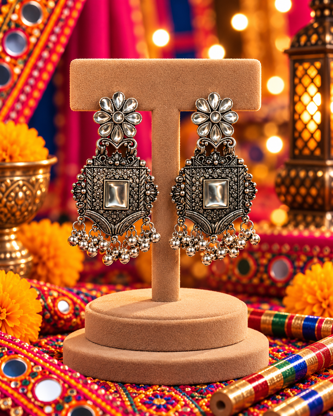 Oxidised Floral Square Earrings