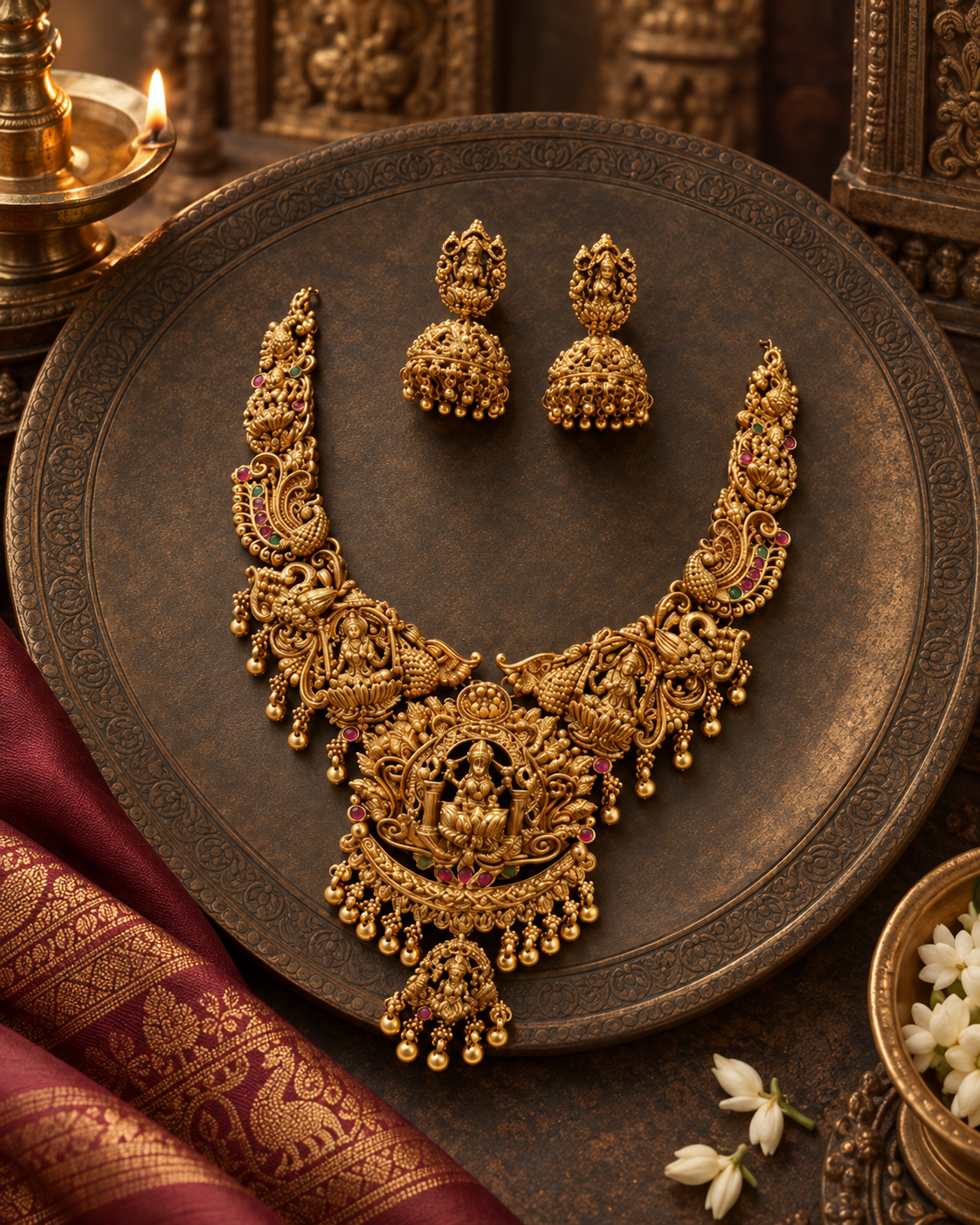 Lakshmi Devi Peacock Statement Gold Plated Necklace Set