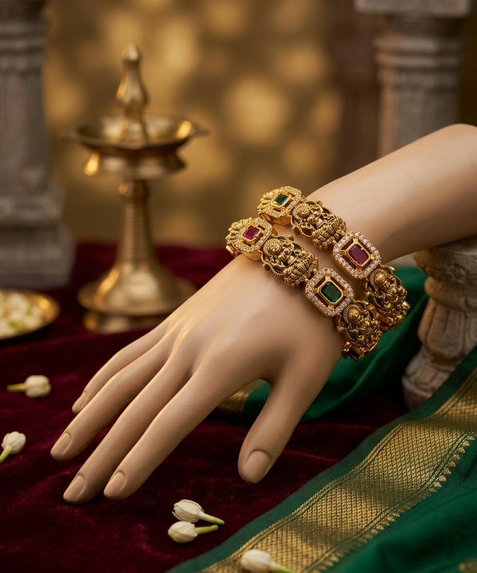 Gold Plated Green Pink Stone Temple Design Bangle
