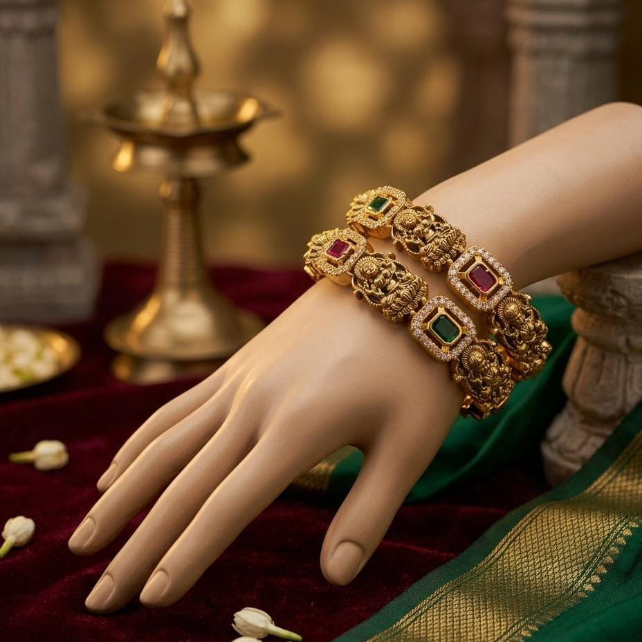 Gold Plated Green Pink Stone Temple Design Bangle