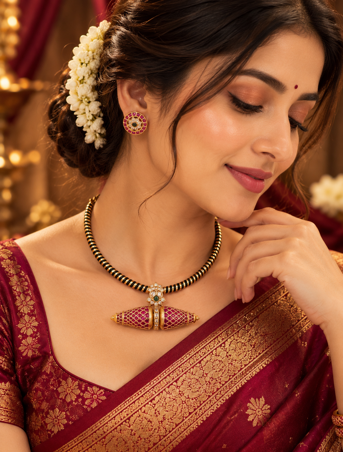 Gold Finish Openwork Beaded Pendant Necklace Set with Earrings