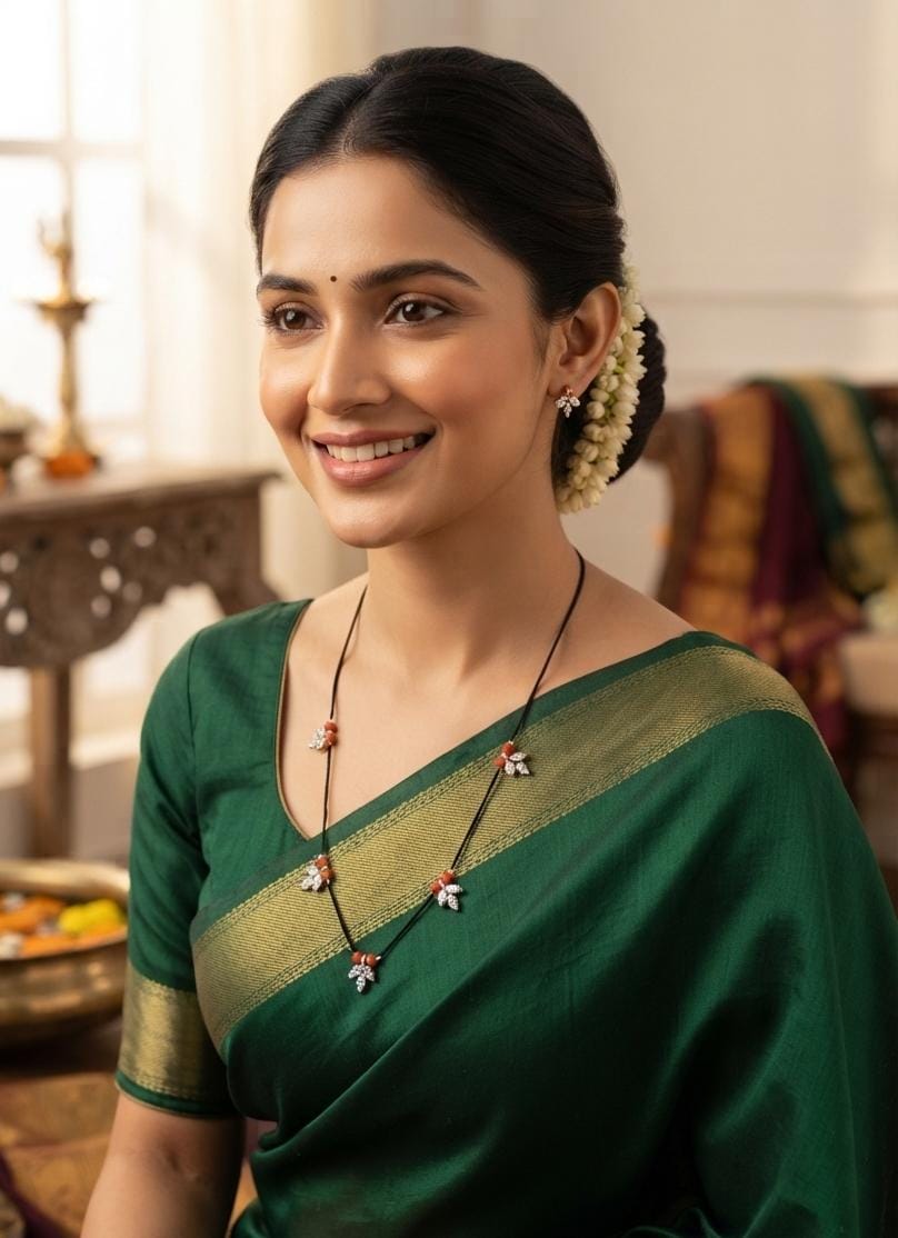 White Floral Black Bead Mangalsutra
