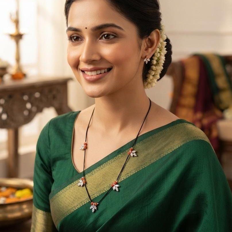 White Floral Black Bead Mangalsutra
