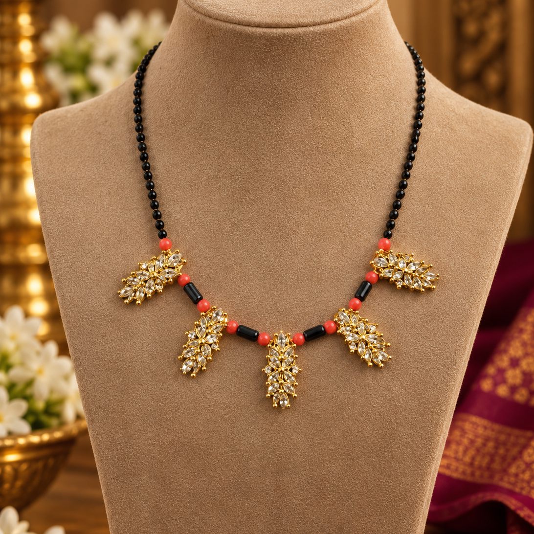 Red Accent Floral Black Bead Mangalsutra