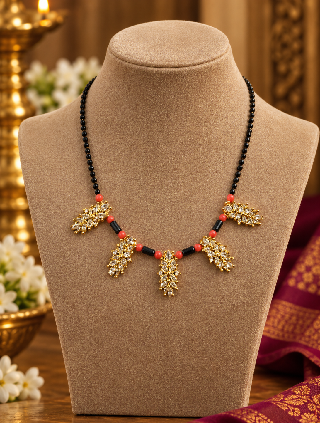 Red Accent Floral Black Bead Mangalsutra