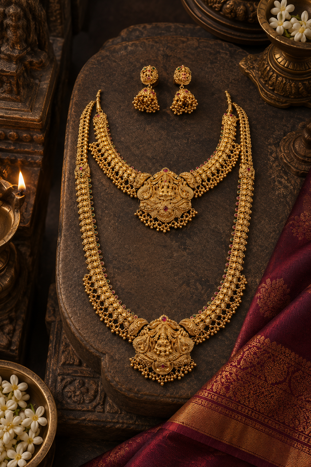 Lakshmi Devi Layered Gold Plated Necklace Set with Earrings