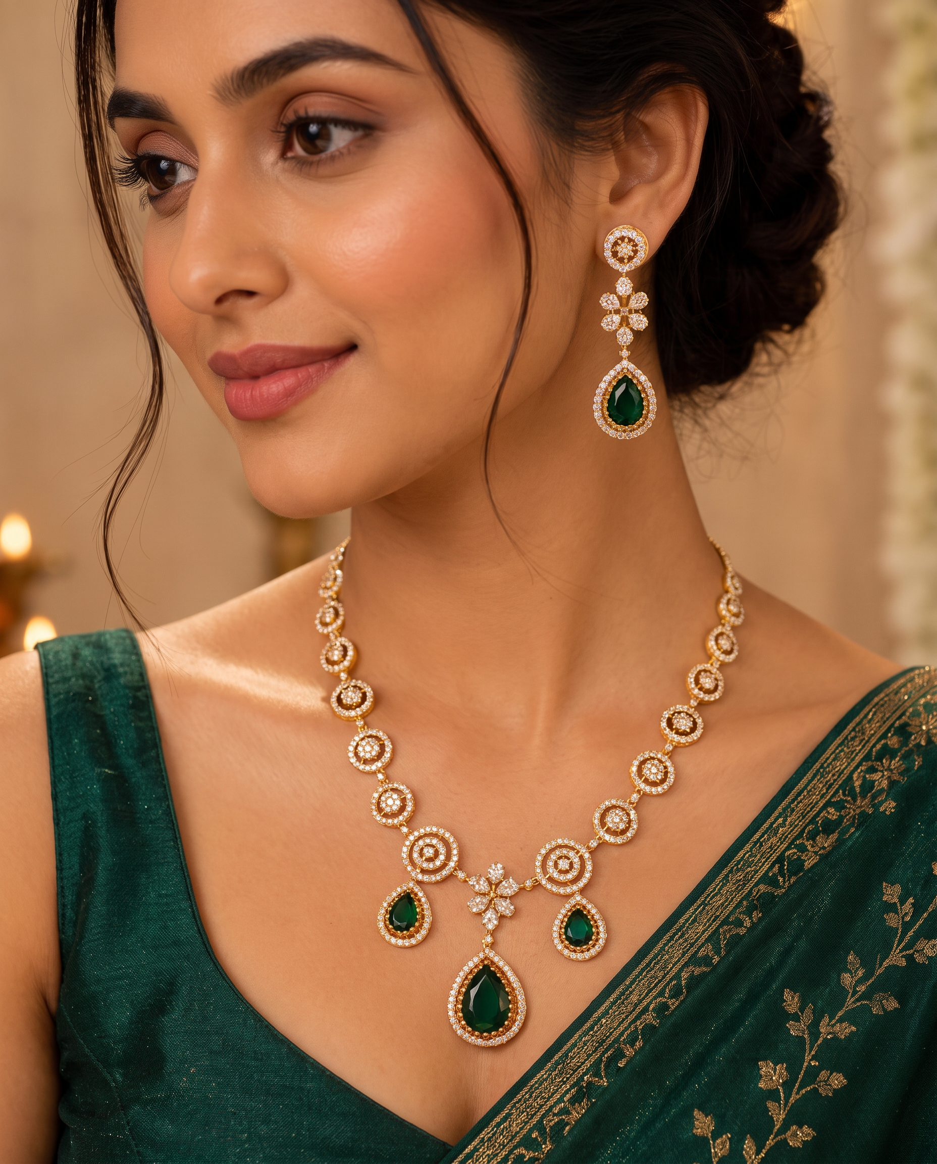 Green Teardrop Stone Gold Tone Necklace Set with Earrings