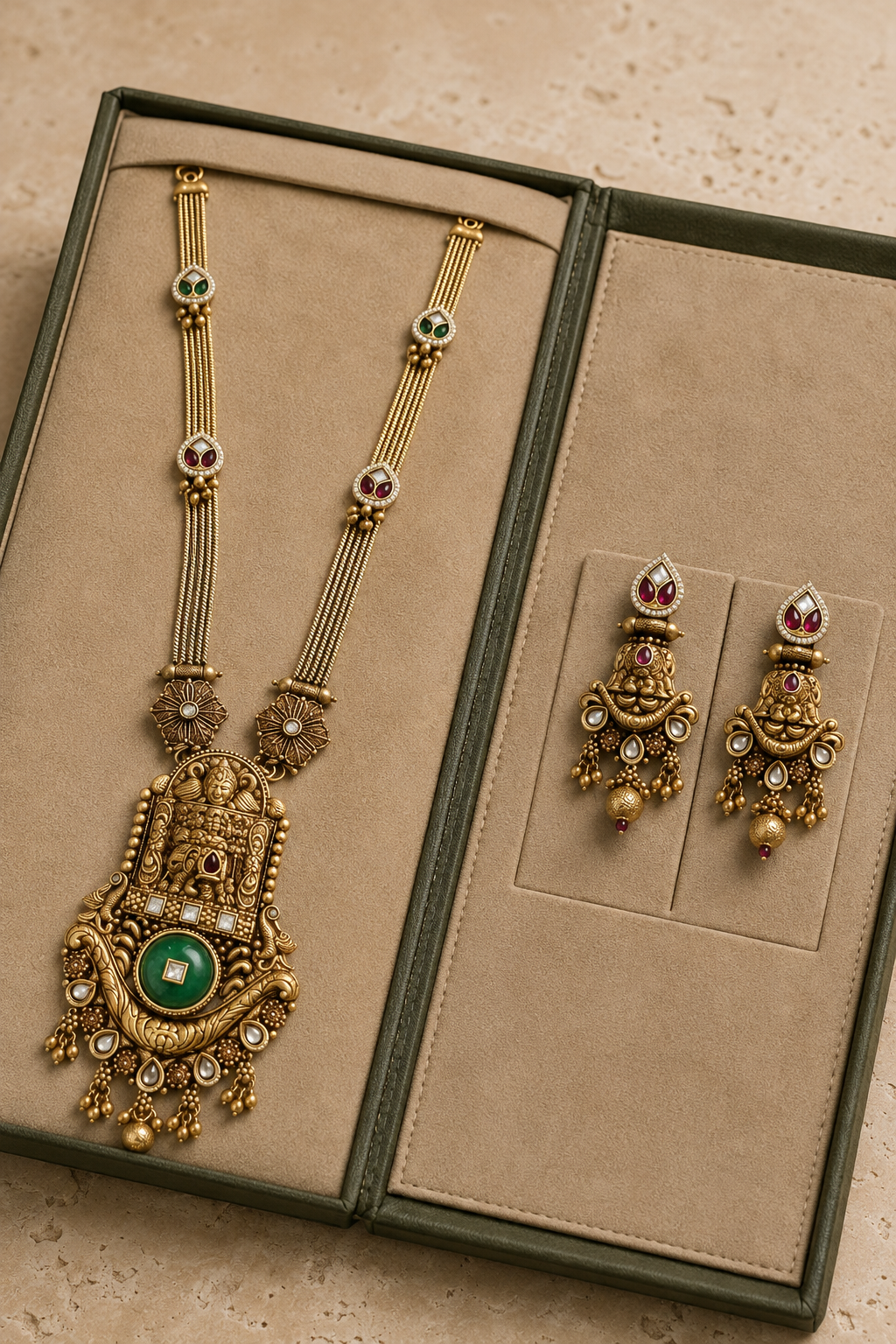Green Stone Gold Tone Pendant Long Necklace Set