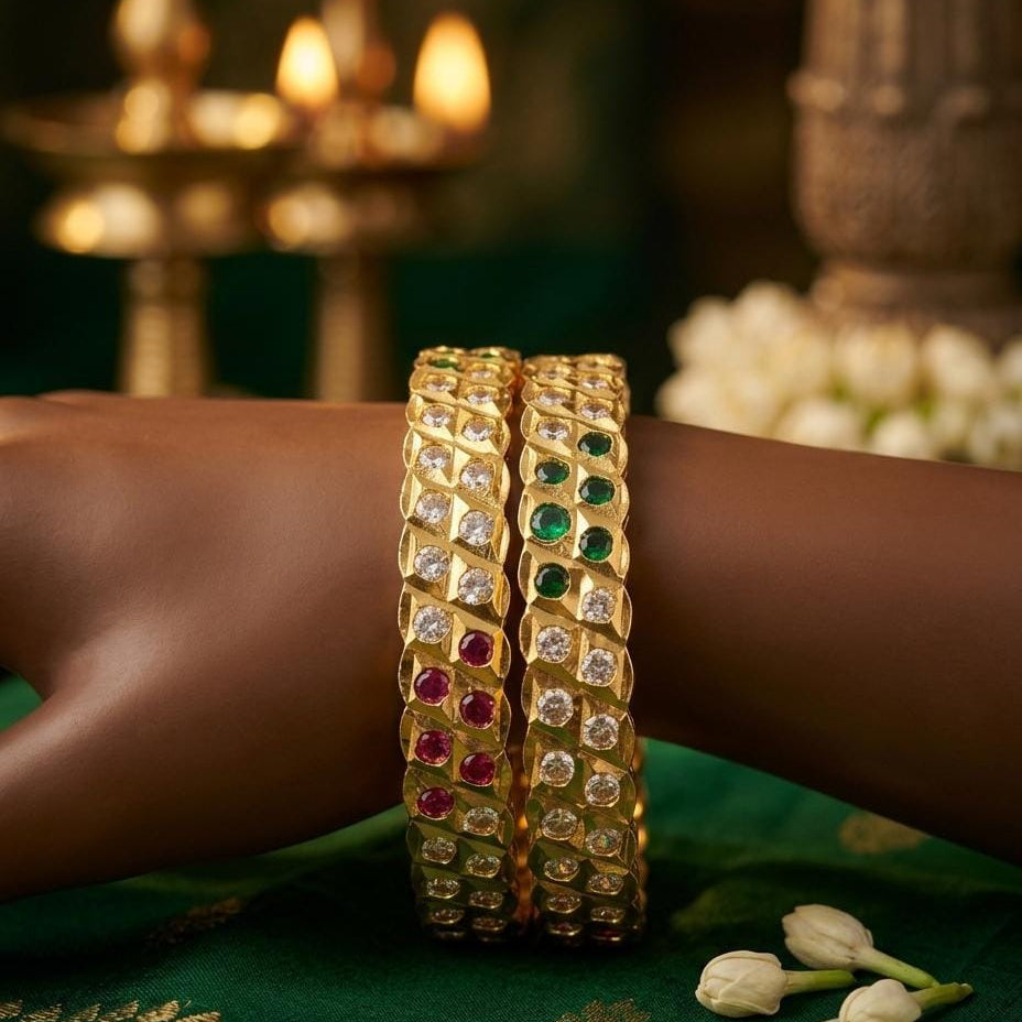 Gold Plated Green Pink White Stone Bangle