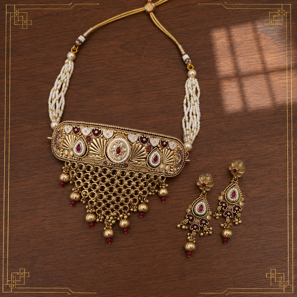 Red Stone Teardrop Gold Tone Choker Necklace Set