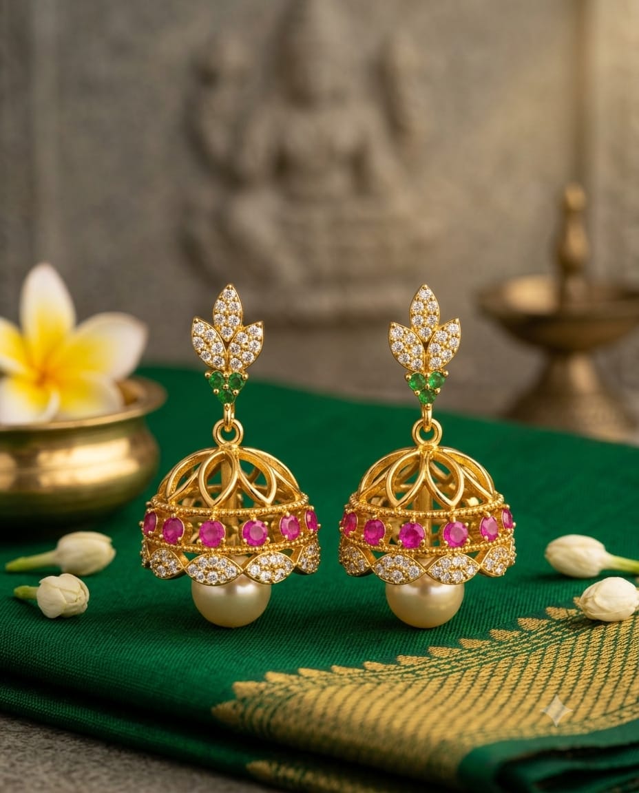 Gold Plated Pink Green Stone Jhumka Earrings